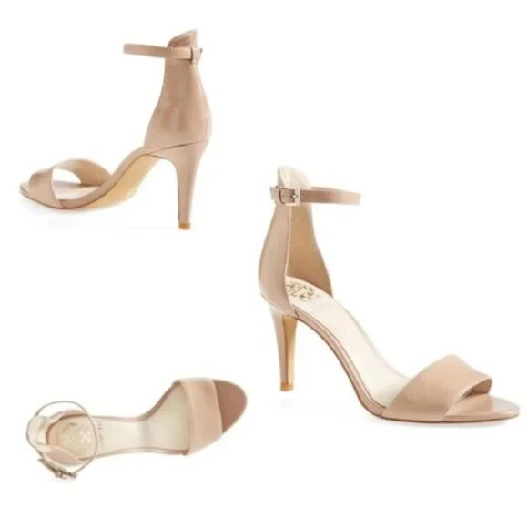 Vince Camuto Court Nude Strappy Leather Heels Size 9 Classy Kitten Heel Beige - Picture 1 of 8